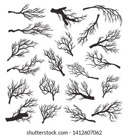 Dry tree branches set, environment dead and old forest. Leafless black plant. Vector branches illustration on white background