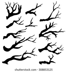 Dry tree branches, twigs black silhouettes set closeup isolated on white background. Hand painting on paper