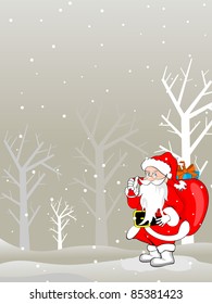 dry tree concept background with cute santa claus holding gifts bag vector for merry christmas