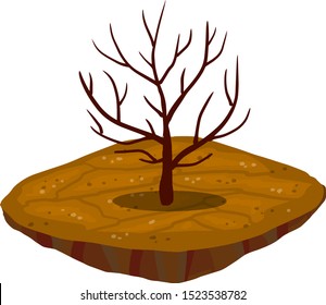 Dry tree in desert. Brown platform with ground. Dead old plant with branches. Global warming. Gloomy concept. Wooden object. Mud and dust of steppe. Cartoon flat illustration.