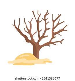 Dry tree in desert in flat design. Dead plant trunk by hot sand hill. Vector illustration isolated.