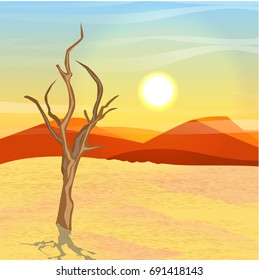 A dry tree in the desert. Sand, dunes and barkhans, rocks and shards of rocks. Dawn.Vector landscape can be used in newsletter, brochures, postcards, banner.