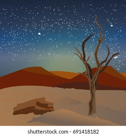 A dry tree in the desert. Sand, dunes and barkhans, rocks and shards of rocks. Starry night, clouds. Vector landscape can be used in newsletter, brochures, postcards, banner.