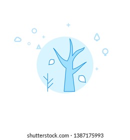 Dry Tree with Fallen Leaves, Autumn Flat Vector Icon. Wild Tree Illustration. Light Flat Style. Blue Monochrome Design. Editable Stroke. Adjust Line Weight.