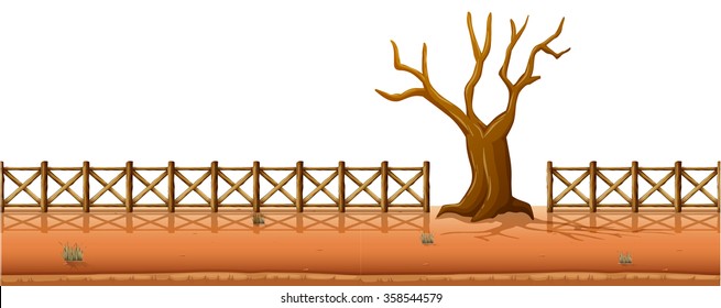 Dry tree with fences along the road illustration