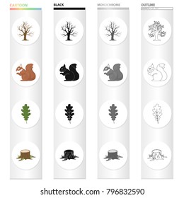 Dry tree in the forest, squirrel, oak leaf, stump. Forest set collection icons in cartoon black monochrome outline style vector symbol stock illustration web.