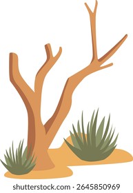 Dry tree with green bushes in desert sand. A flat vector perfect for environmental, wilderness, or nature-themed illustrations and graphics.