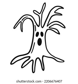 Dry Tree. Halloween Ghost Shape, Hand Drawn Cute Spirit Silhouette, Isolated on White Background. Vector Illustration, Monochrome Doodle Style Line art.