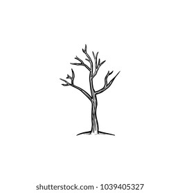 Icono del doodle dibujado a mano en el árbol seco. Ilustración de boceto de vector de calentamiento global con árbol seco para impresión, web, móvil e infografía aislados en fondo blanco.