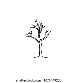 Icono del doodle dibujado a mano en el árbol seco. Ilustración de boceto de vector de calentamiento global con árbol seco para impresión, web, móvil e infografía aislados en fondo blanco.