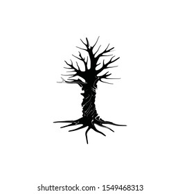 dry tree icon with many branches and twigs, along with their roots. horror symbol vector illustration 