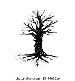 dry tree icon with many branches and twigs, along with their roots. horror symbol vector illustration 