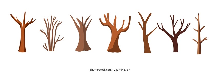 Sorgfältige Kollektion von Baumbildern. Alter Baumzweig im Cartoon-Stil. Satz von Baum-Silhouette einzelne Vektorgrafik-Designelemente