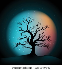 dry tree in the night with colorful moon vector