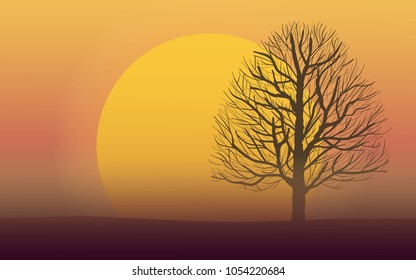Dry tree on sunset, natural landscape at dawn.Vector illustration.