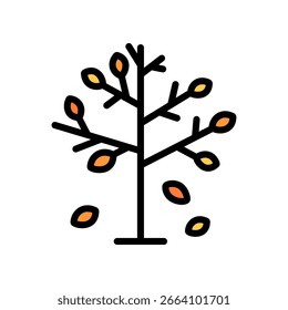 Árbol seco con hojas de color naranja cayendo en estilo de contorno de color. Perfecto para ilustraciones de narración, decoración de otoño y App de Clima.