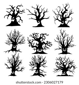 dry tree silhouette Ghost tree with scary devil face for Halloween card decoration