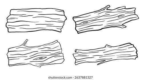 Dry tree sketch, set of illustrations isolated on white background. Hand drawn wood trunk