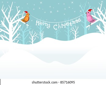 Dry Tree, Twinkle Star Background With Cute Birds Holding Merry Christmas Banner