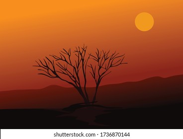 Dry tree view in the sunset deser for background illustration and image