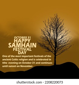 A dry tree without leaves on a hill with a dark foggy sky with bold text and sentences to commemorate Samhain festival on October 31