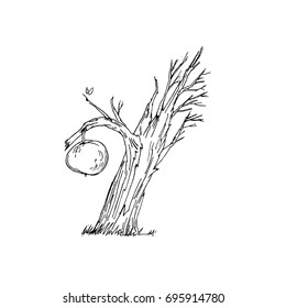 Dry tree without leaves with one apple. Graphic illustration.