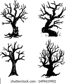 Dry trees black and white hand drawn illustrations set. Twisted bare branches, roots silhouettes isolated on white background. Old and dead tree with face on trunk. Halloween botanical design element