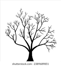 Ilustraciones de árboles secos dibujadas a mano en blanco y negro. Silhouettes de ramas desnudas torcidas aisladas en fondo blanco. Árbol viejo y muerto con cara en el maletero. Elemento de diseño botánico de Halloween.