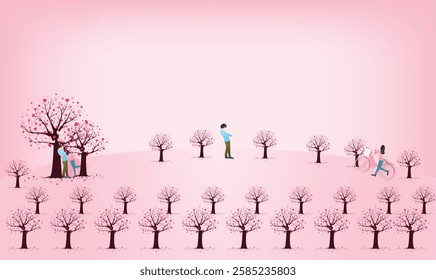 dry trees with red and white heart along with couple loving each other