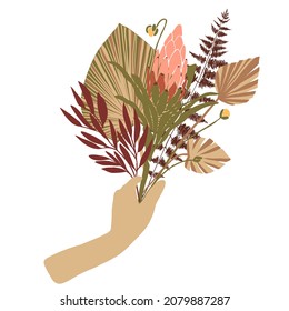 Dry tropical fan palm leaves, red branches, exotic protea flower in woman hand. Boho hand drawn vector bouquet