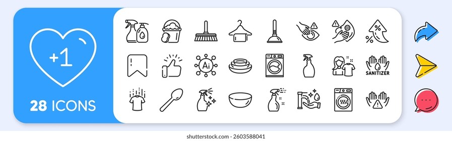 Dry t-shirt, Clean hands and Sponge line icons. Interest rate, AI generate, Inflation icons. Pack of Dryer machine, Cleaning mop, Washing machine icon. Vector