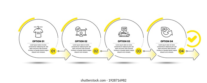 Dry t-shirt, Online access and Vip transfer line icons set. Timeline process infograph. 24 hours sign. Laundry shirt, Approved user, Exclusive transportation. Repeat. Business set. Vector