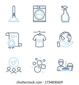 Dry t-shirt, Plunger and Clean bubbles line icons set. Diploma certificate, save planet, group of people. Cleaning service, Spray and Washing machine signs. Vector