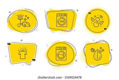 Dry t-shirt, Vacuum cleaner and Dirty water signs. Chat bubbles. Dryer machine, Washing machine and Clean bubbles line icons set. Laundry, Laundry shampoo, Vacuum-clean. Aqua drop. Vector