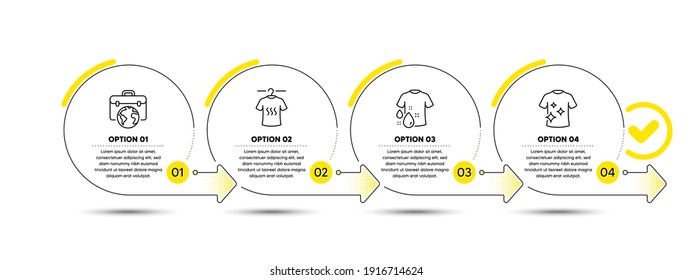 Dry t-shirt, Wash t-shirt and Businessman case line icons set. Timeline process infograph. Laundry shirt, Outsourcing business. Fashion set. Infographics timeline banner. 4 steps plan diagram. Vector