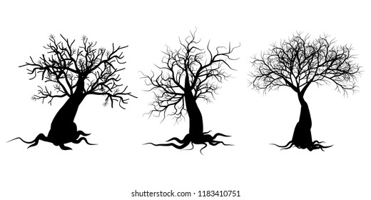 Dry twig tree silhouette set collection on white background vector illustration. 