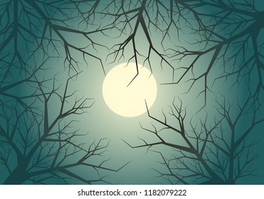 Dry twigs tree jungle moon light sky night in halloween celebration festival vector background illustration.