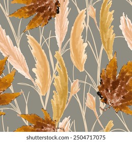 Dry Watercolor Pampas Grass Seamless Pattern with Maple leafs. Boho Autumn background. 