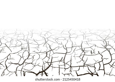 Dry white soil with black cracks wasteland landscape . Drought ground texture. Desert land or broken clay surface. Grunge contour background. Dead earth, hot climate.