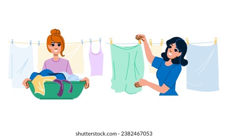 mujer seca colgando vectores de ropa. línea limpia, limpieza verano, camiseta seca mujer colgando de la ropa personaje. ilustración de dibujos animados planos de personas