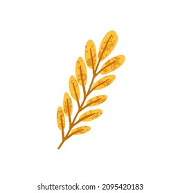 Dry yellow leaf. Autumn foliage clipart. Modern textured botanical drawing of fall twig. September leafage. October leaves. Flat vector illustration isolated on white background