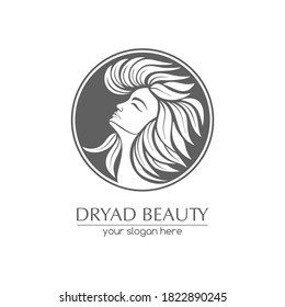 Dryad. Female face logo in profile with leaf hair. Emblem for a beauty or yoga salon. Style of harmony and beauty. Vector illustration