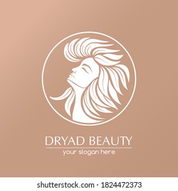 Dryad. Female face logo in profile with leaf hair. Emblem for a beauty or yoga salon. Style of harmony and beauty. Vector illustration