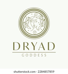 Dryad goddess logo design. Greek goddess vector logotype. Beauty and art industry logo template. Forest nymph, patroness of trees.