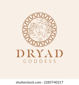 Diseño del logo de la diosa Dryad. Logotipo vectorial de la diosa griega. Plantilla del logotipo de la industria de la belleza y el arte. Ninfa forestal, patrona de árboles.