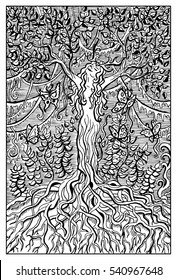 Dryad or Nymph in the forest. Fantasy magic creatures collection. Hand drawn vector illustration. Engraved line art drawing, graphic mythical doodle. Template for card game, poster