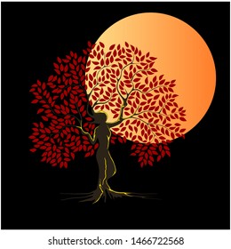 dryad tree vector illustration. Dryad tree in the dark of the night against the background of a full moon