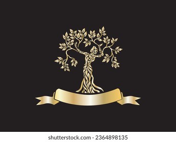 logotipo de árbol de dryads, plantilla de logotipo de árbol de mujer con banner