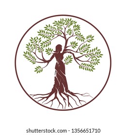 Dryads vector logo template with circle around, illustration of a tree nymph or tree spirit in Greek mythology