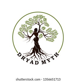 Dryads Vector Logo Template With Circle Around, Illustration Of A Tree Nymph Or Tree Spirit In Greek Mythology